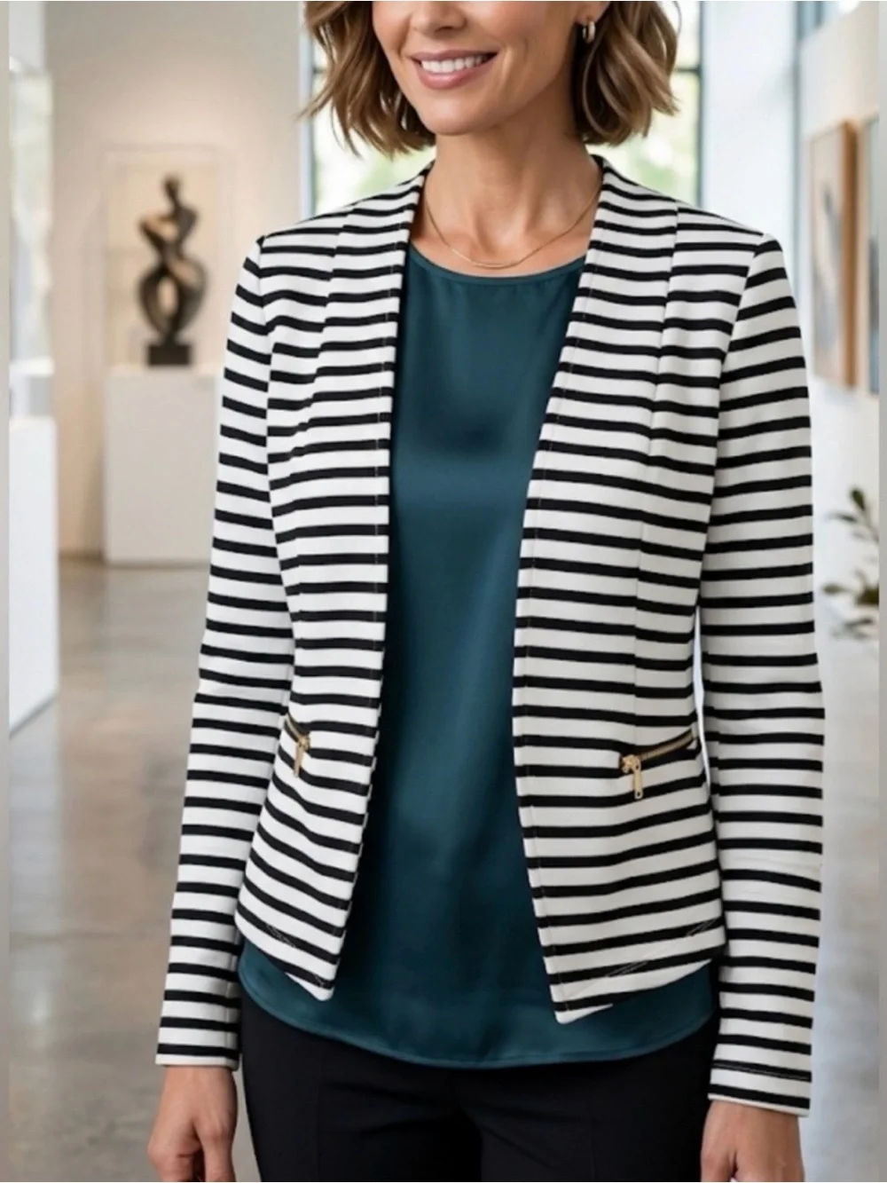 Black & White Striped Women's Zip-Pocket Blazer